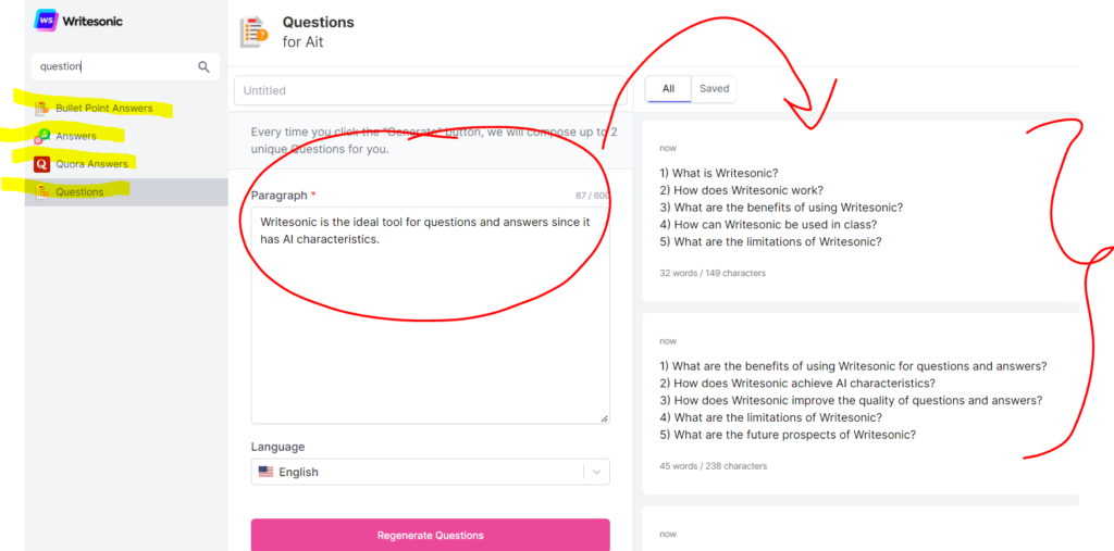 Here we are generating questions effortlessly with Writesonic's Questions feature. Inputting an English paragraph, clicking "Generate Questions," and it will create two sets of five questions automatically.