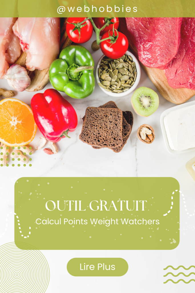 cover avec fruits legumes et viandes, texte: outil gratuit - Calcul points Weight Watchers