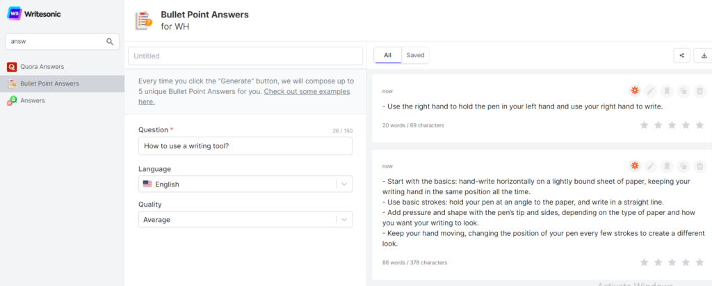 The image displays the "Question to Bullet Point Answers Generator" feature within the Writesonic tool, along with an example input question and the output of two different answer versions.