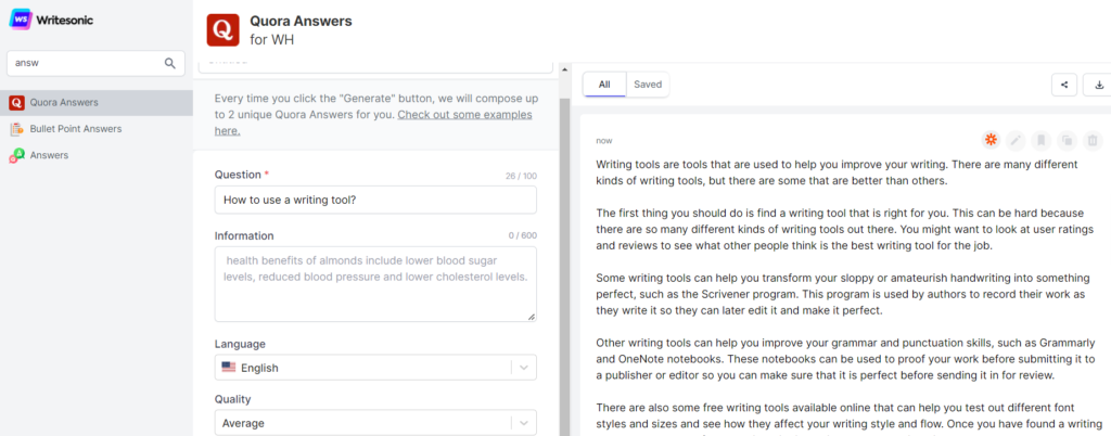 Writesonic's Quora Answers feature: example show answering questions into a long answer.