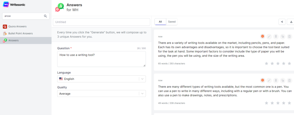 The image depicts Writesonic's "Question to Short Answers" feature tool in action, featuring an input section with a question, language selection, and quality level preferences. It also showcases the output, presenting two concise versions of short answers for the posed question.