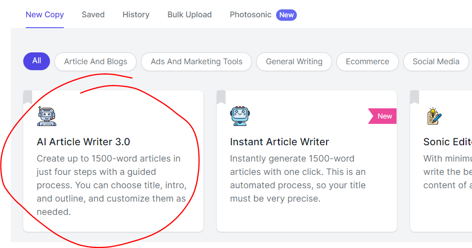 Select the AI article writer 3.0 feature