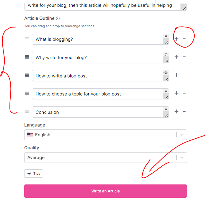 To generate, click write the article