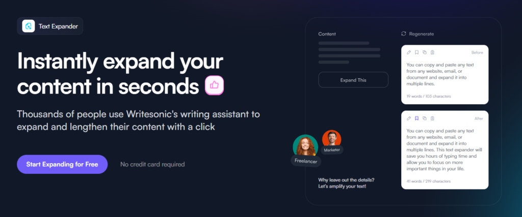 Writesonic text expander feature homepage