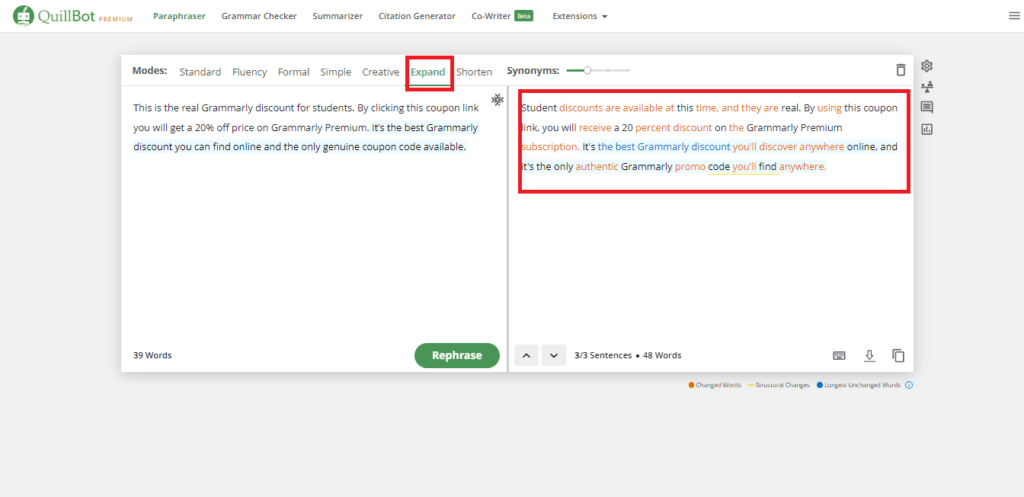 Quillbot text Expander feature
