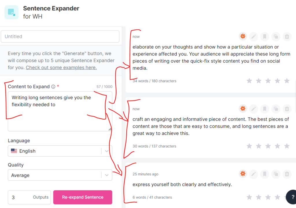 writesonic sentence expander example (generating 3 longer texts)