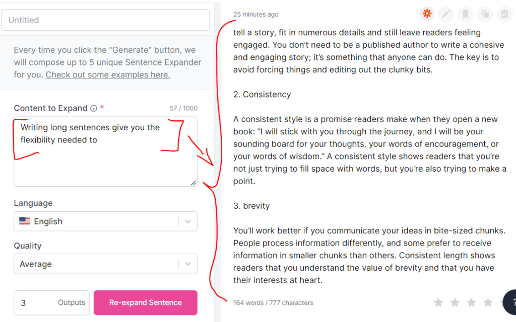 writesonic example: really long sentences generated from short sentence
