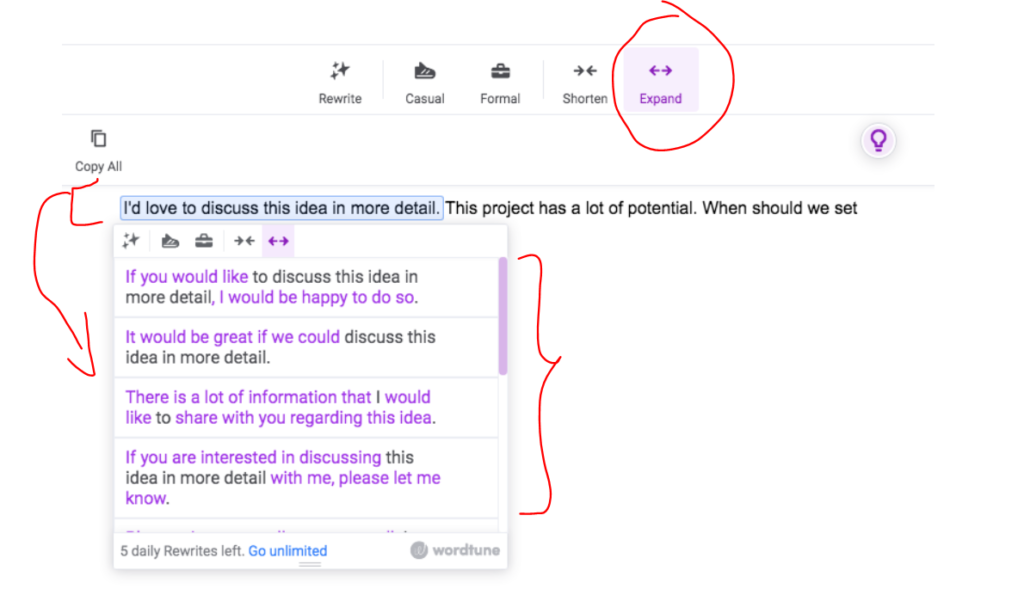 Wordtune sentence expander feature