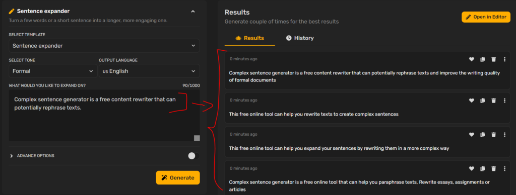 Rytr sentence expander feature example and results