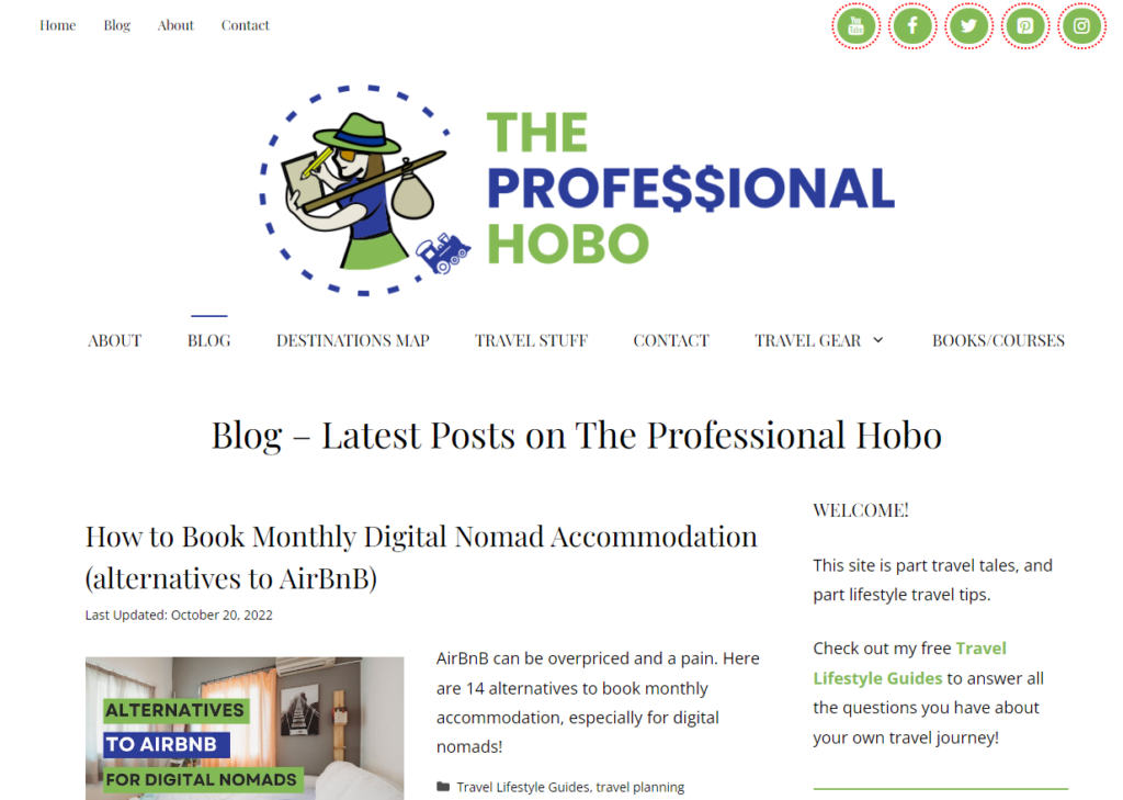 The Professional Hobo blog homepage: a good example for students of a writing travel blog