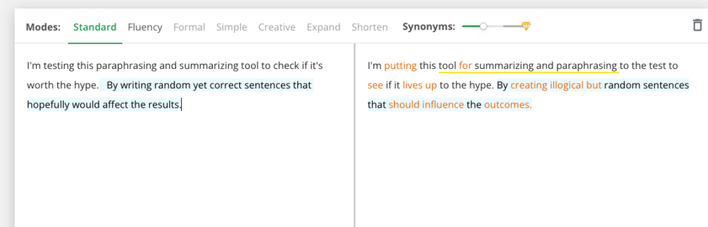 quillbot paraphrasing tool: example of a standard rewrite for a text using Quillbot