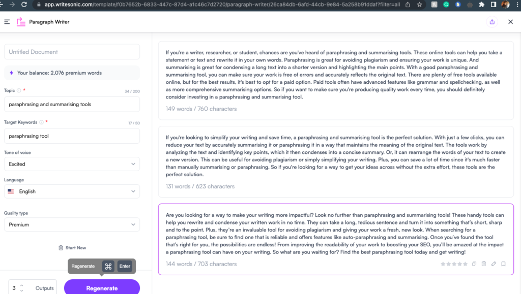 2. Writesonic paragraph writer tool