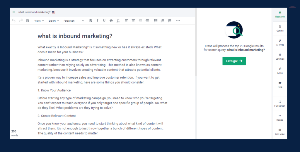 Crafting an essay using Frase AI Content Generator - screenshot