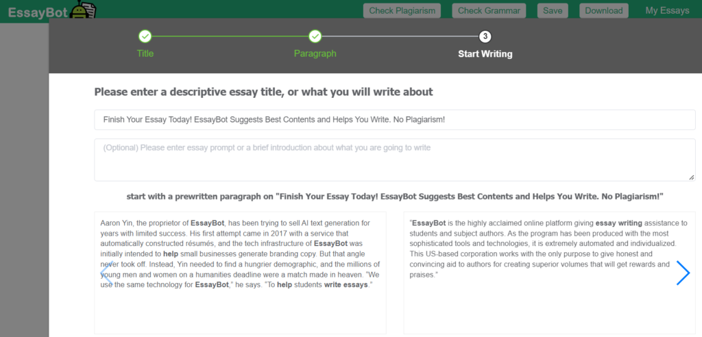Generating an essay using Easybot - screenshot