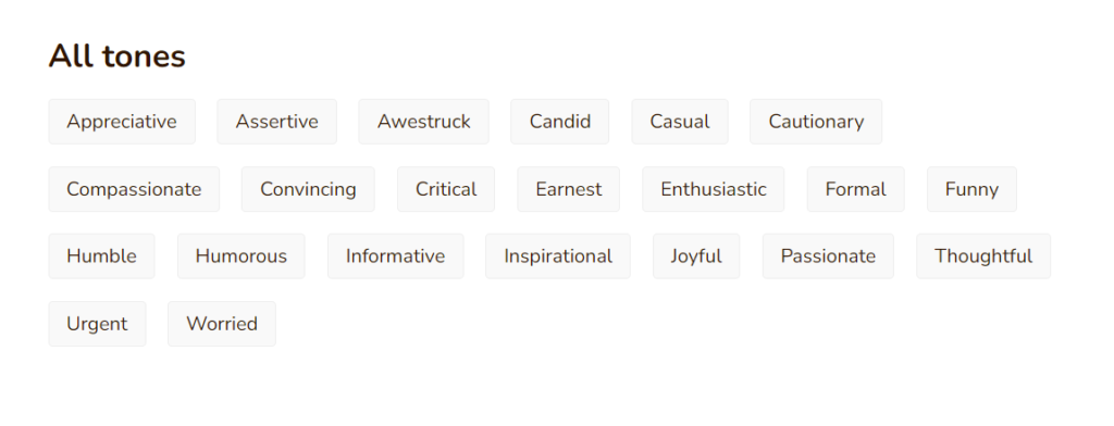 All writing tones offered by Rytr