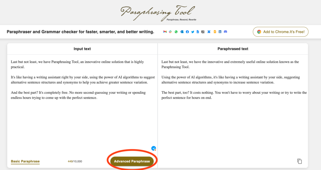 3. Paraphrasing Tool With A Simple Interface