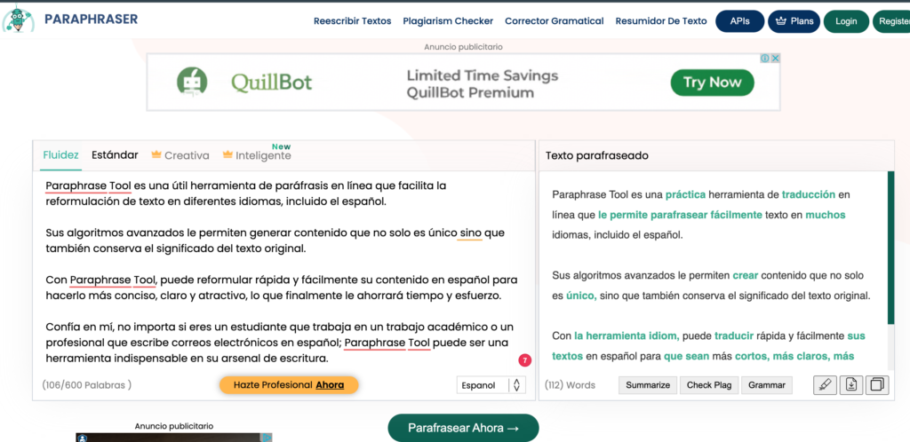 Paraphraser.io for Spanish rewording (overview + example)