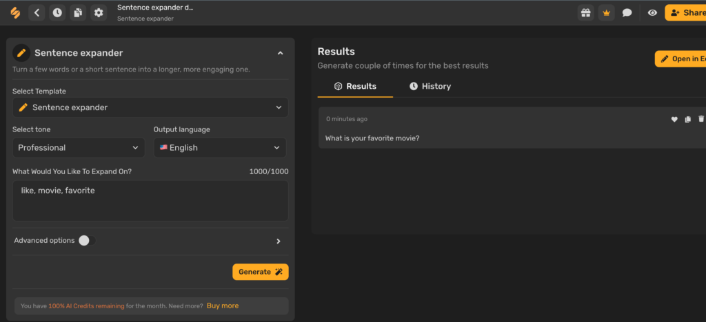 Simplified AI Text Generator (sentence expander feature generating sentence from words)
