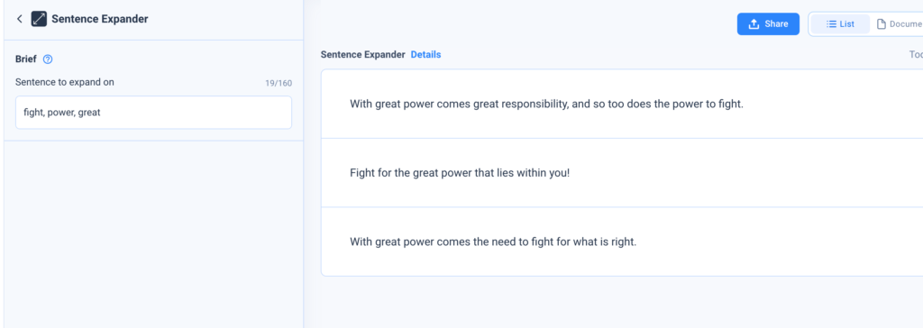 Anyword sentence expander that generates sentences from words