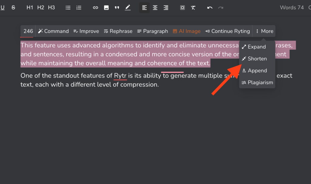 Screenshot: Rytr shorten content generator showing how to shorten a paragraph.