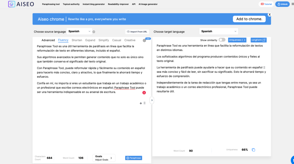 Aiseo.ai as Spanish paraphrasing tool (overview + example)