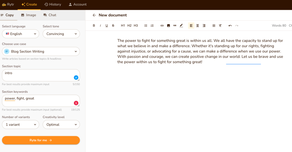 Rytr Paragraph Content Generator: using the Blog section writing use case to generate an intro paragraph using some keywords.