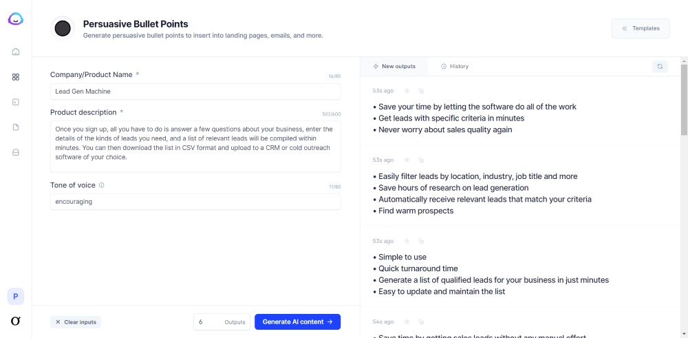 2. Jasper AI's Persuasive Bullet Points Generator: an example of a generated cool bullet points list from filling the form (company/product name, description, and tone of voice)