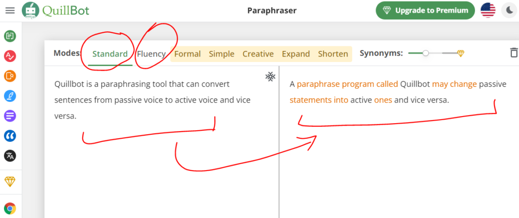 quillbot tool with an input and output paraphrased sentence from active to passive voice