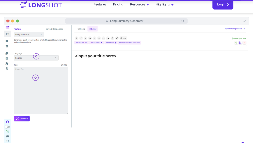 1. AI Summary Generator by LongShot: screenshot of the long summary feature filling the text language and body then click the "generate" button.