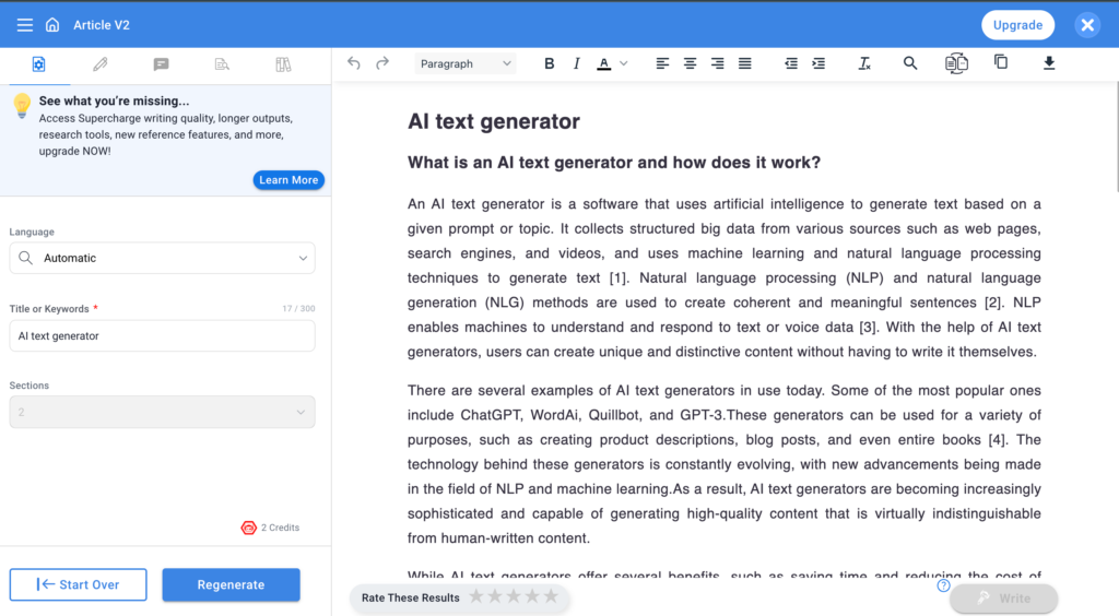 Smodin Text Generator: an example of of a generated long text from filling the language, title or keywords, and number of sections.