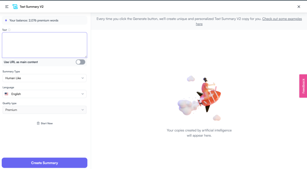 Screenshot of Writesonic Text Summary Generator