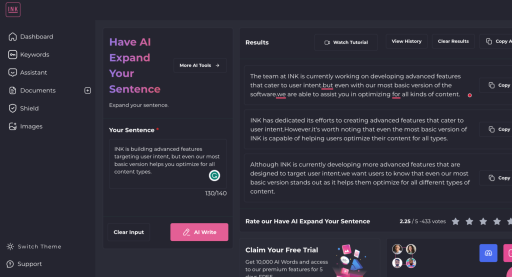 screenshot example Inkforall Sentence Expander tool turning a short sentence into long paragraph within only two actions (input the sentence in the text area, click the AI Write button, then the results appear within three different suggestions to choose from)