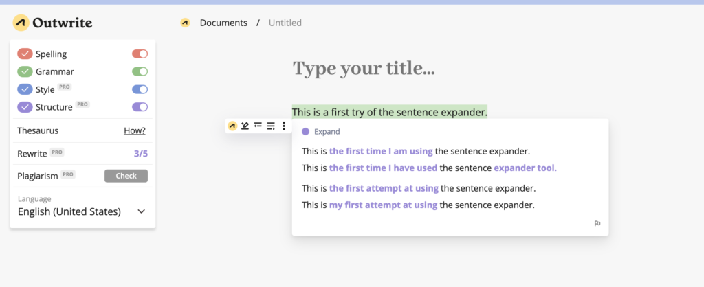 Screenshot of Sentence Expander By Outwrite