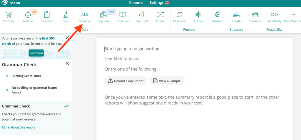 Screenshot of ProWritingAid's Grammar Checker