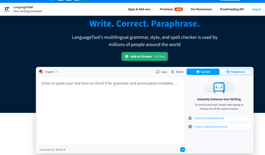 Screenshot of LanguageTool's run on sentence checker