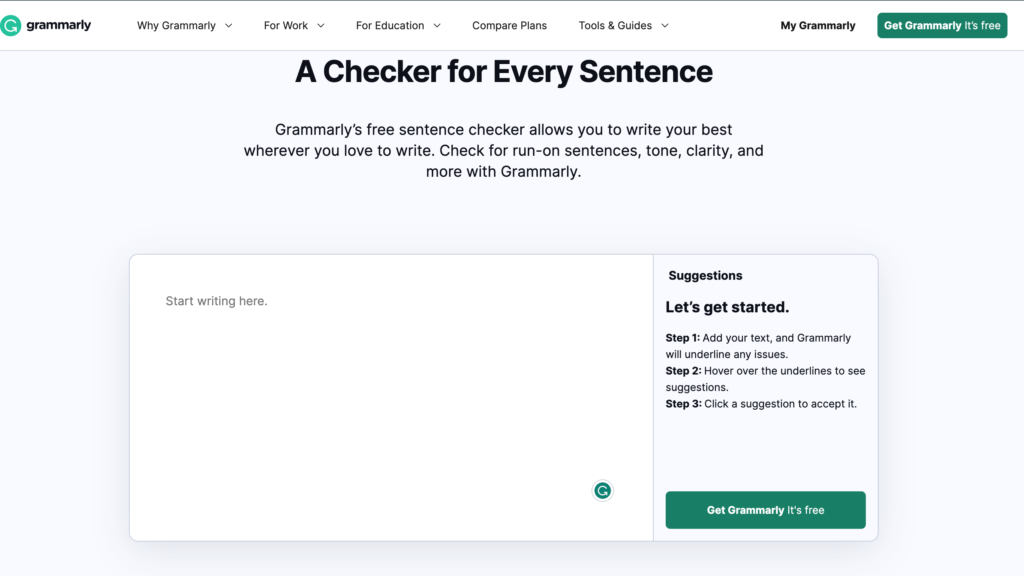 screenshot of run on sentence checker by grammarly