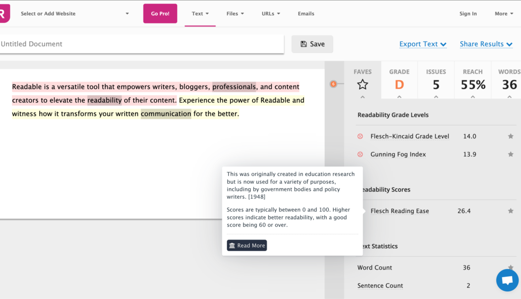 Example of checking text readability on Readable