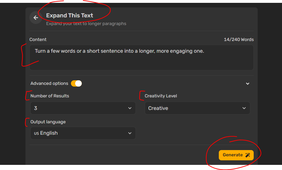 screenshot example of the text Expander of Simplified AI when you can put the sentence to convert to paragrgraph, check the number of results, choose the language, select the creativity level, and click the Generate button! 