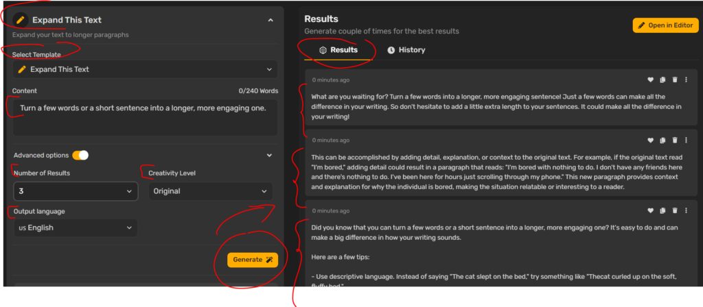 The accompanying image displays an screenshot of Simplified AI's Expand This Text capability, showcasing three paragraphs produced after completing the tool's form. The form requires inputting the sentence text, number of desired results, creativity level, and language before clicking the 'Generate' button.