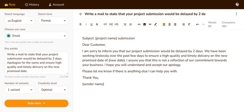 When writing emails using Rytr AI, you start by selecting the email use case, then choose English language, use a formal tone, fill in the key points of the email, and click on the "Ryte more" button. The email text is then written as quickly as possible.
