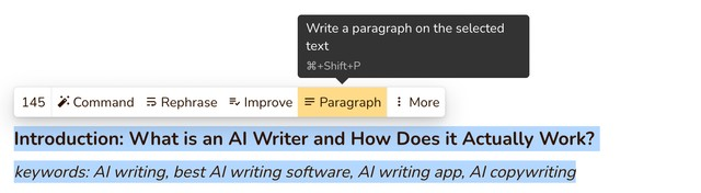 Rytr: selecting a question and clicking the Paragraph feature to generate an answer