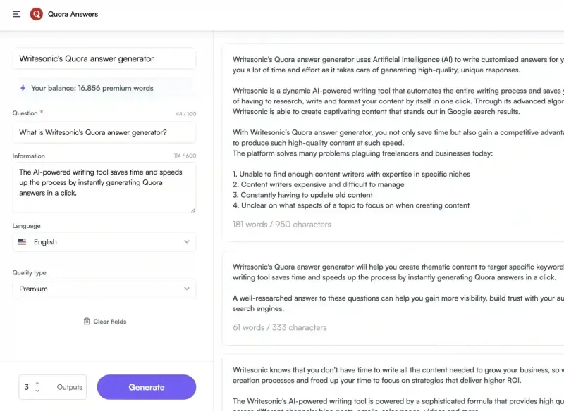 2. Quora Answers Generator by Writesonic