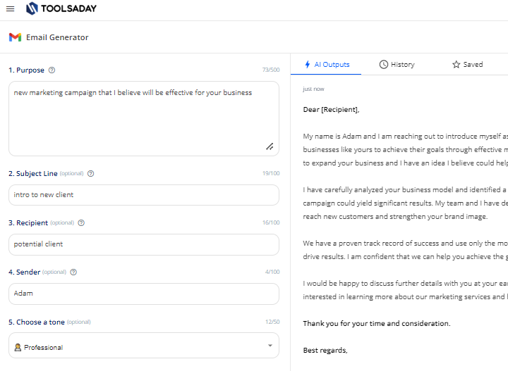 3. Toolsaday's AI Email Writer - generating an email within seconds after filling a simple form including the email purpose, subject line, recipient, sender, and tone (professional in this case). and showing the AI output email full text well written.