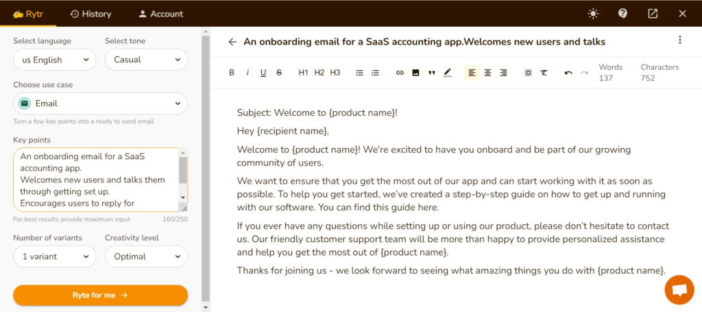 1. Rytr Email Generator - example of generating an email using some key points with English language and chosen tone