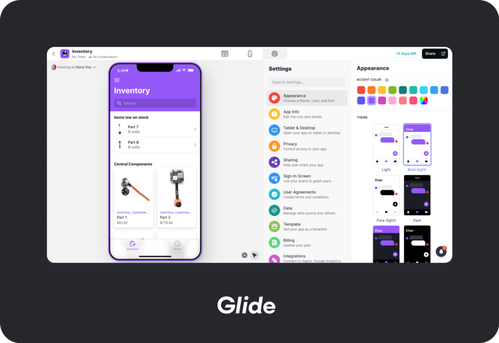 1. Glide Apps no code builder: a screenshot appearance from the app builder/editor.