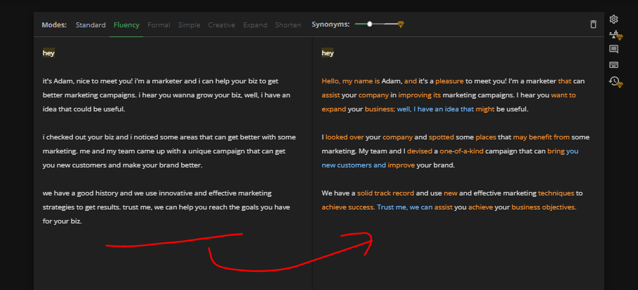 Quillbot - example of rewriting my casual flawless and on the fly email written text into a formal and fluent email.