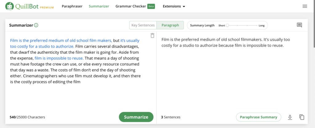demo on using Quillbot's essay summarizer