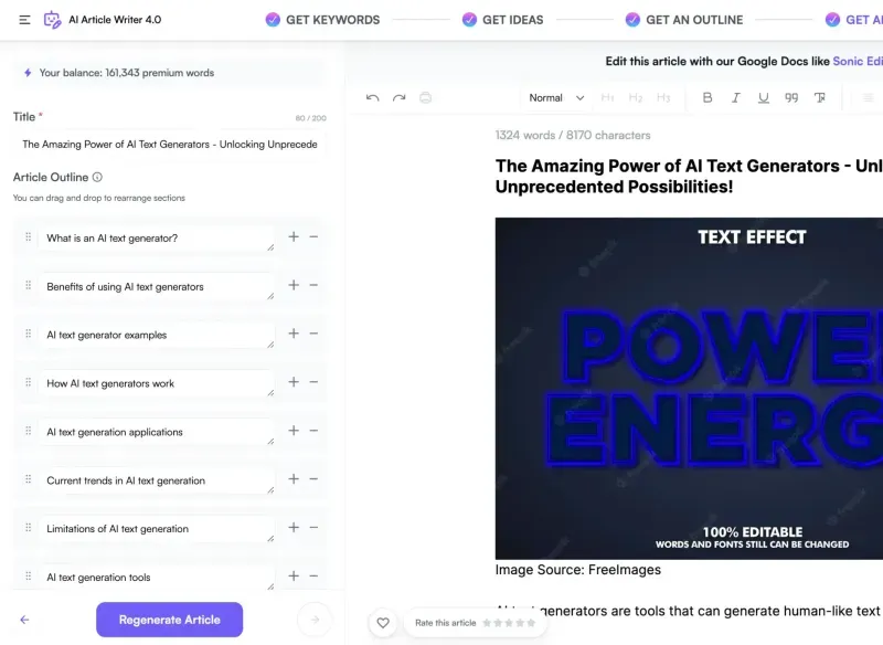 1. AI Text Generator by Writesonic: an example of a generated text using the AI Article Writer feature of Writesonic while filling the title, article outline...