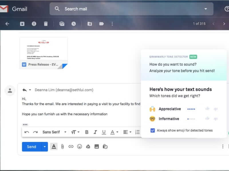 Grammarly - checking emails, fixing tones and grammar errors.