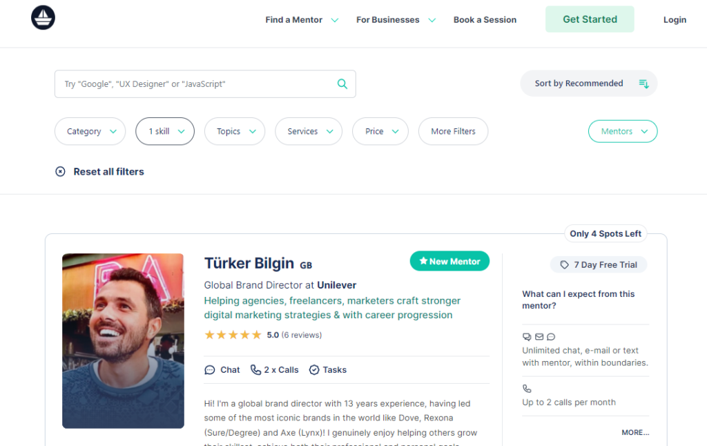 Steps on how to find a mentor on MentorCruise: screenshot of browsing page